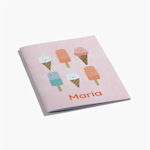 Personalised pink notebook with cute ice cream and ice lolly illustrations and the name Maria printed on the cover.
