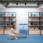 A person setting up their trade show display counter, stretching the fabric onto the frame. 