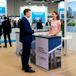 A trade show display counter promoting a construction business, featuring a logo and a photo of a building.