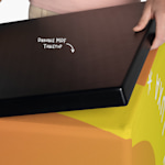 A closeup of the trade show display counter with an arrow pointing to the durable MDF tabletop.