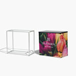 The assembled aluminium frame next to a fully-assembled trade show display counter, promoting a flower shop.