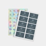 Two custom sheet stickers, side by side. One features holographic circle stickers with a logo, while the other features rounded rectangle stickers promoting a yoga business.