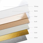 Seven return address roll label options, side by side: glossy, matte, clear, kraft, linen, gold and silver.