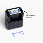 A date stamp with adjustable dates, shown with a stamped example.