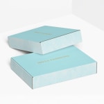 2 blue flat shipping boxes slightly stacked on top of each other.