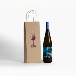 A brown wine bag with a custom logo stands next to a wine bottle.
