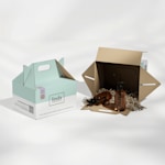 2 custom gable boxes from a beauty product company. 1 gable box is on its side with crinkle paper and 2 bottles of product inside.