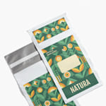 A Poly Mailer promoting a natural products business, that shows printing on the front and back.