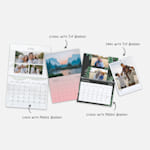 Four photo wall calendars in a variety of sizes and styles. A note lists out the sizes; Classic with Top Binding, Small with Top Binding, Large with Middle Binding, and Classic with Middle Binding.