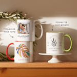 A group of three custom mugs with photos and designs, with a note that says there are mugs for businesses and mugs for the home.