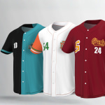 Red, white, and black and green custom baseball jerseys stand side by side.
