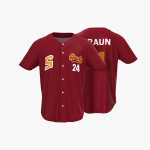 The front and back of a red baseball jersey has a custom logo on the front and a player's name and number on the back.