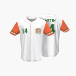 A white baseball jersey with orange sleeves has a logo on the front with the player's name and number on the back.