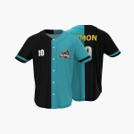 A black and teal baseball jersey features a custom logo on the front with the player's name and number on the back.