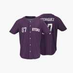 A blue baseball jersey with red stripes has the team's logo on the front and the player's name on the back.
