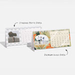 Two rectangular desk calendars featuring photos, with a note that the paper options are standard matte paper and premium glossy paper.