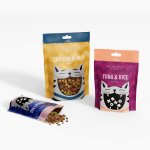 An image of a variety of cat food in stand-up pouches.