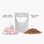 An image showing 8 oz. of marshmallows and 16 oz. of lentil beans next to a stand-up pouch for scale.
