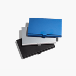 Blue, silver and black aluminum business card holders.