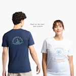 A male model and female model wearing family vacation T-shirts, with a note that you can print on the front, back or both.