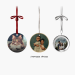 3 circular Christmas ornaments printed with various photos, with a note that there are 3 material options.
