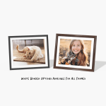 Two framed prints featuring a cat and a little girl, with a note that says white border options are available for all frames.
