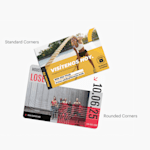 2 postcards for a fitness facility, 1 with rounded corners and 1 with standard corners.
