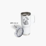 A white travel mug customized with the name and logo of a cafe, with a note that its lid is BPA-free.