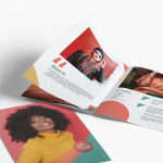A self cover booklet for a beauty and fashion company, opened to a page with multiple photos.