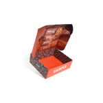 A brightly colored mailer box sample that is open