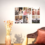 A series of 6 wedding photo tiles displayed on a living room wall.