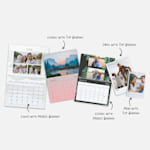 Five photo wall calendars in a variety of sizes and styles. A note lists out the sizes; Classic with Top Binding, Small with Top Binding, Large with Middle Binding, Classic with Middle Binding and Mini with Top Binding.
