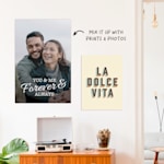 Two wall posters: one featuring a couple and another printed with a graphic design; there’s a note that says you can mix it up with prints and photos.