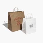 Restaurant themed brown kraft and  white kraft to-go bags.