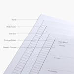 The interior pages of different notebooks, including blank, wide-ruled, dot grid, college-ruled and weekly planner. 