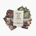 A stack of placemats from a bistro showing some of their menu items and letting customers know that their food is organic.