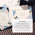 A pile of floral note cards customized with the sender’s name, plus a customer review. “These came out exactly as designed and are great quality.”  
