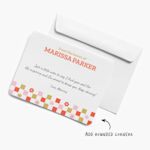 A personalized note card featuring a checkered design, with a note that the customers can add rounded corners to their card. 