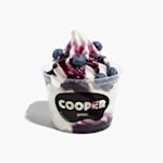 A plastic ice cream cup with vanilla ice cream and blueberry syrup and toppings.