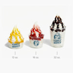 3 plastic ice cream cups with a variety of ice cream flavors and toppings showcasing the 3 available sizes.