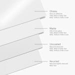 One sheet each of glossy, matte, uncoated & recycled paper stocks, with a label for each one pointing out the thicknesses available for each.