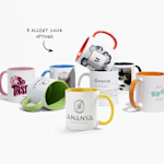A collection of 7 custom mugs with photos and designs, with a note that there are 8 accent color options available. 