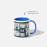 A mug with a blue handle and interior customized with family photos, plus a note that says it’s dishwasher- and microwave-safe. 