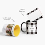 A custom pet mug and a personalized mug printed with a name, with a note highlighting the design options for custom mugs: wraparound printing and 2-sided printing. 