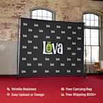 A step & repeat banner personalized for a business. Highlighted benefits include: wrinkle resistant, easy upload or design, free carrying bag and free shipping $100+.