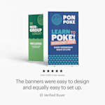 2 colorfully designed poke bowl retractable banners along with a quote from a satisfied customer about how easy they were to design and set up.