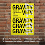 A bright yellow poster hanging on a brick wall promoting an art exhibition. Highlighted benefits include vivid printing, easy upload, more sizes and papers and fast, free shipping.