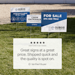 3 yard signs on stands in the grass – all promoting a construction company. A featured customer quote showcases the great pricing, fast shipping and high quality.
