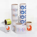 An assortment of roll labels from different brands, showing the different shapes, sizes, finishes and roll types available.