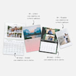 Distintos calendarios de pared con fotos personalizadas en varios tamaños y diseños. Las notas indican distintas opciones de tamaño.